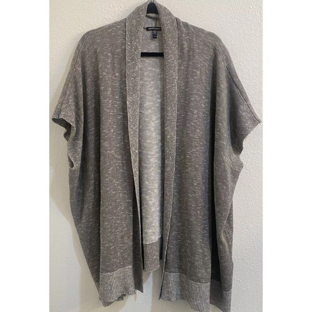 Eileen Fisher Womens Short Sleeve Grey Cardigan Org Cotton Org Linen Blend XLT‎